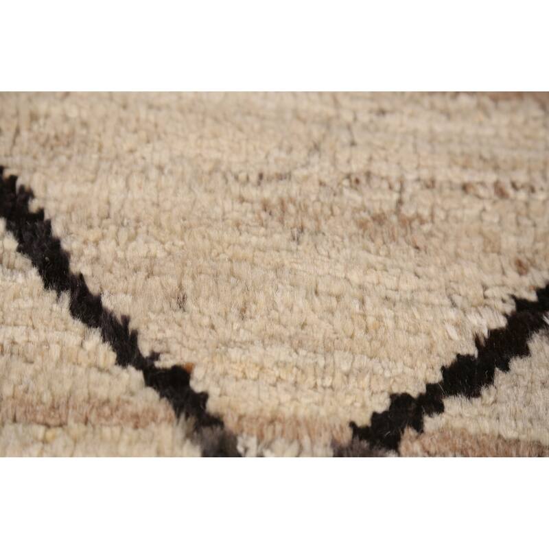 Geometric Moroccan Oriental Rug Hand-Knotted Beige Wool Carpet - 6'7" x 9'11"