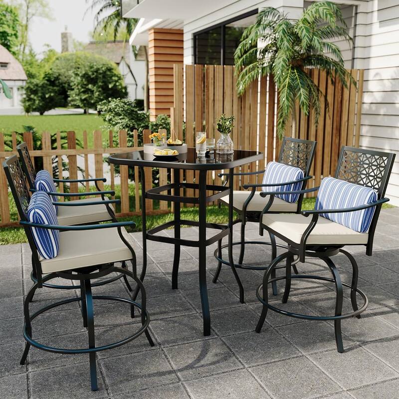 Outdoor Swivel Bar Stools Counter Height with Cushion, 4PCS Patio Bar Stools with Armrest - Beige