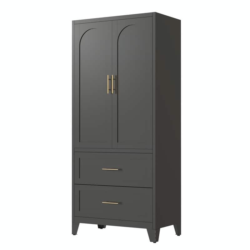 71" Tall Metal Wardrobe Cabinet with 2 Drawers, Hanging Rod, and 2 Doors, Wardrobe Closet with Shelf