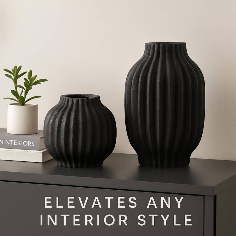 ARIA HOME Black Vertical Modern Ceramic Grooved Table Vase Set of 2