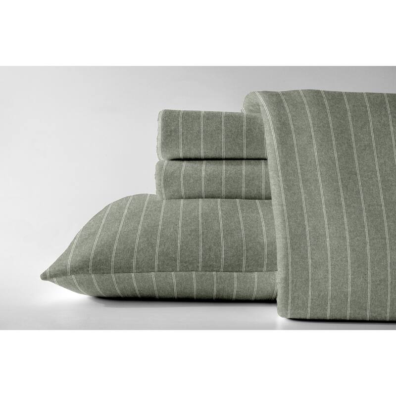 Dormisette Luxury German Flannel 6-Ounce Cotton Bed Sheet Set - Full - Agave Green Stripe
