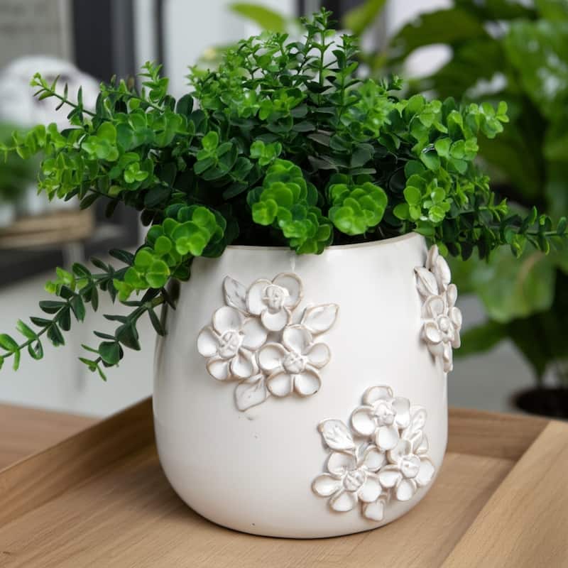 Ceramic Planter with Raised Floral Detailing and Glossy Texture