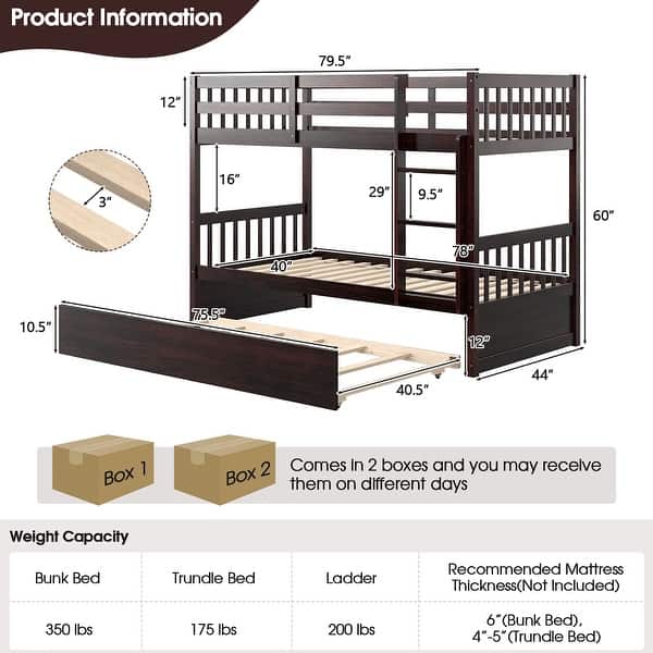 dimension image slide 0 of 2, Costway Twin Over Twin Bunk Bed with Twin Trundle Solid Wood Frame - See Details