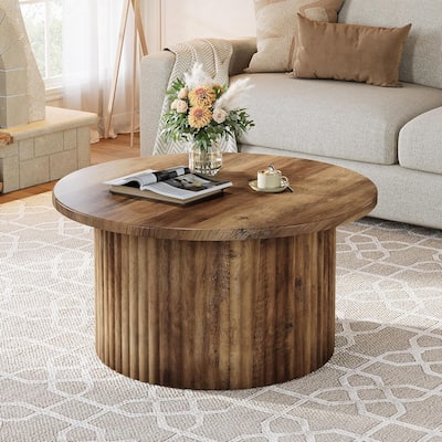 31.5" Farmhouse Round Coffee Table, Circle Center Table with Fluted Drum Base & Wooden Grain Veneer Top
