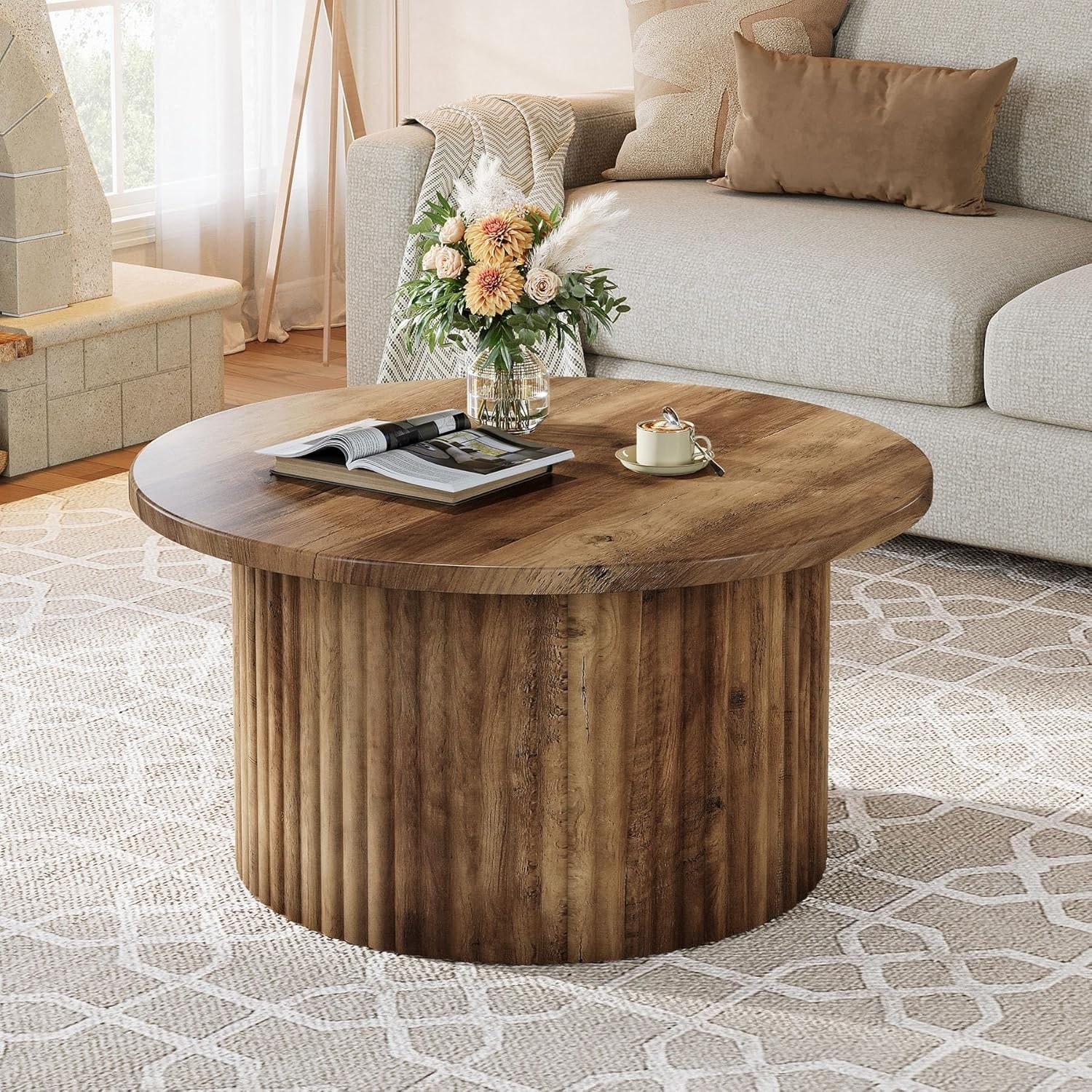 31.5" Farmhouse Round Coffee Table, Circle Center Table with Fluted Drum Base & Wooden Grain Veneer Top