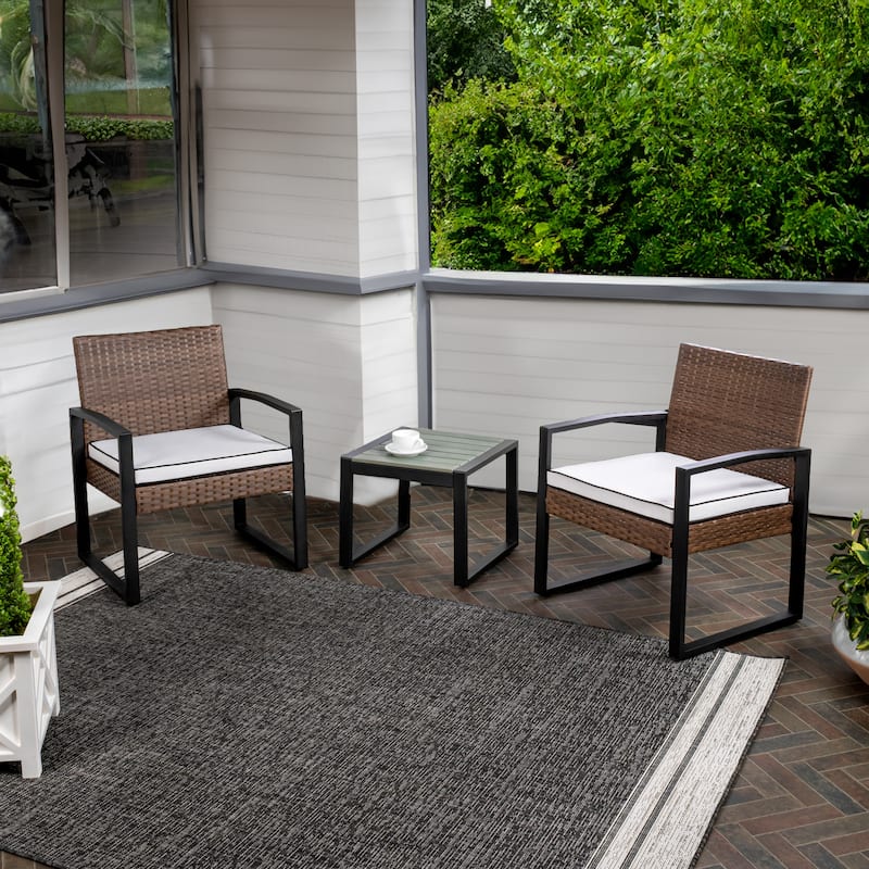 Elina 3-Piece Modern Coastal Faux Wicker Conversation Outdoor Patio Set, by JONATHAN Y