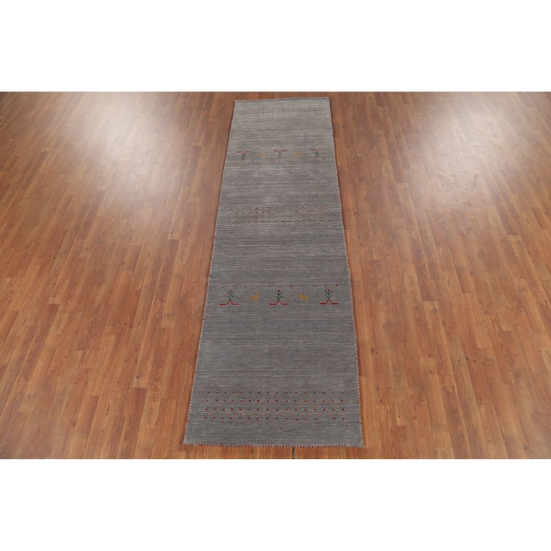 Gray Gabbeh Runner Rug Hand-Knotted Tribal Modern Wool Carpet - 2'10"x 9'7"