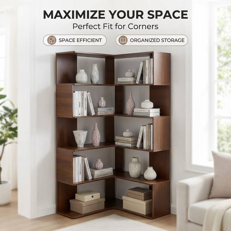 6 Tier Corner Bookshelf, 66"Tall L Shaped Bookshelf with Baffle, Freestanding Display Corner Shelf, with Open Shelf Units