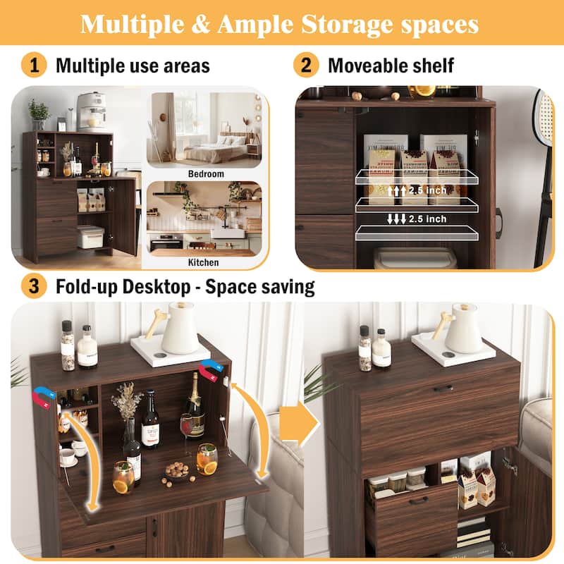 Fold-Up Desk Cabinet with Drawer & Shelves, Space-Saving Wall Desk Organizer, 31.5" W x 13.8" D x 47.2" H