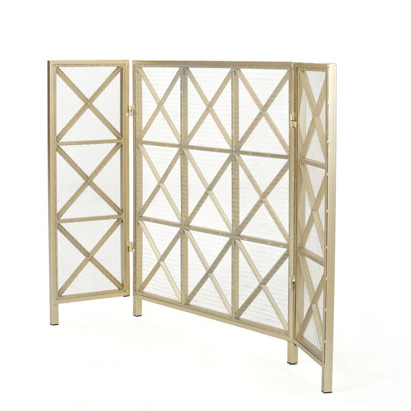 Roomfitters 3-Panel Fireplace Screen, Modern Geometric X-Pattern Metal Spark Guard for Hearth Safety, Folding Cover, Gold
