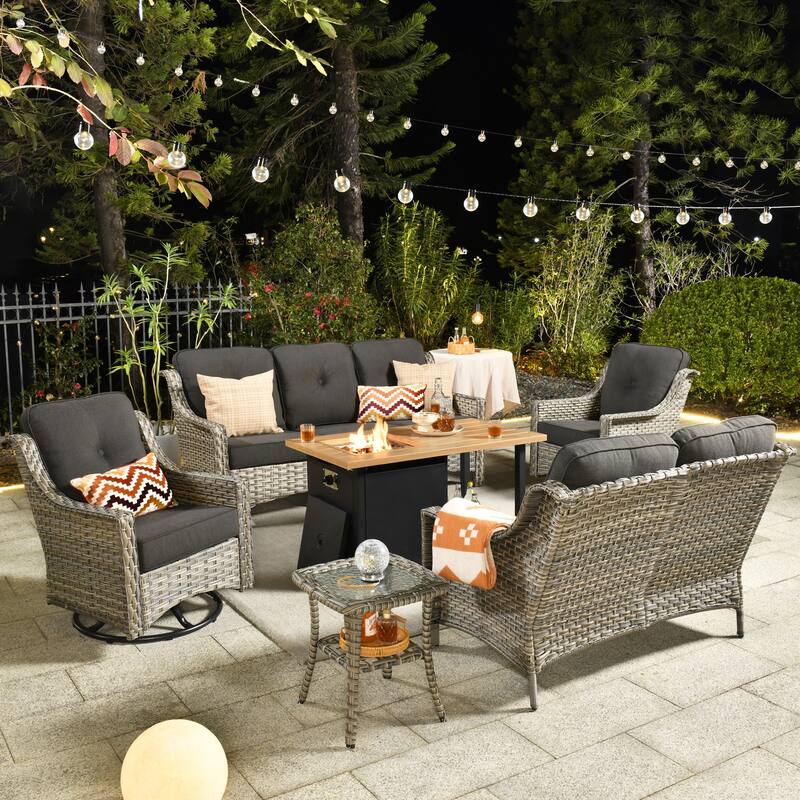 HOOOWOOO 6-piece Wicker Outdoor Conversation Set Swivel Chairs with Fire Pit