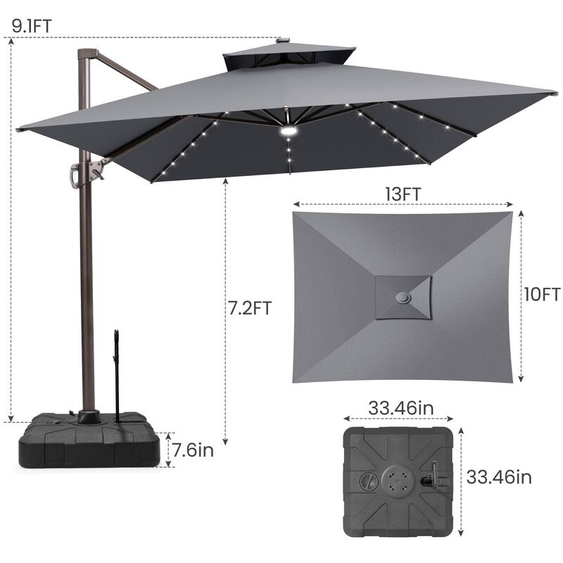 13 x 10 FT Double Top Solar powered LED Patio Cantilever Umbrella Aluminum with Base