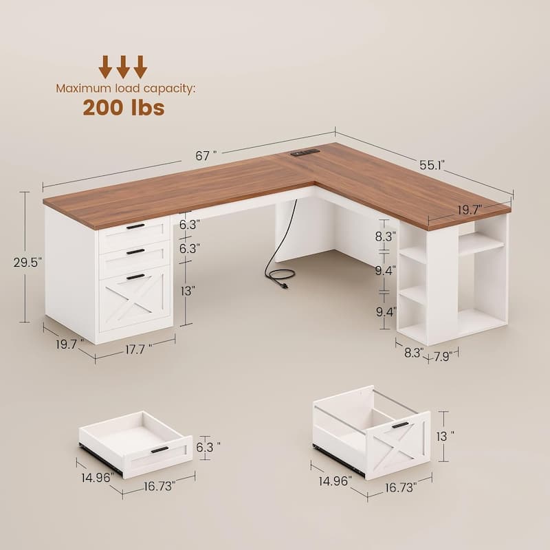 Farmhouse Executive L Shaped Desk Home Office Desk with Drawers and Storage Cabinet & Power Outlet