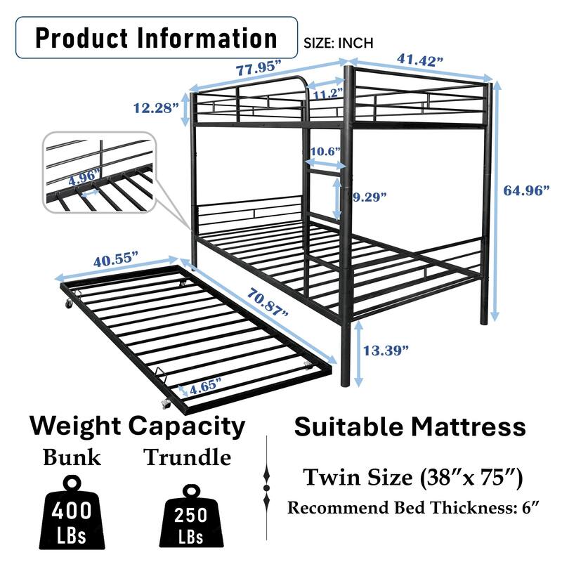 Twin-Over-Twin Steel Convertible Bunk Bed with Trundle and Detachable Design