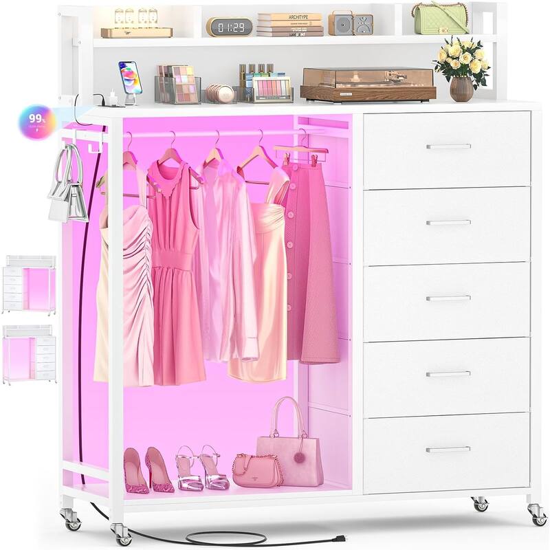 5 Drawers Dresser with Charging Station & LED Lights, Chest of Drawers with Hanging Rod ＆ Lockable Wheels ＆ Storage Shelves