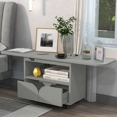 Foldable Nightstand with 2 Drawers and 4 Wheels,USB Charging Design