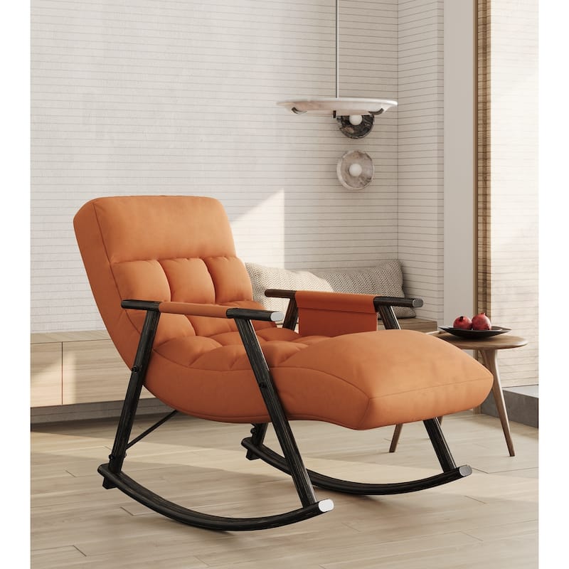 Casual folding rocking chair upholstered, lounge rocking chair adjustable high back and foot rest,side pockets