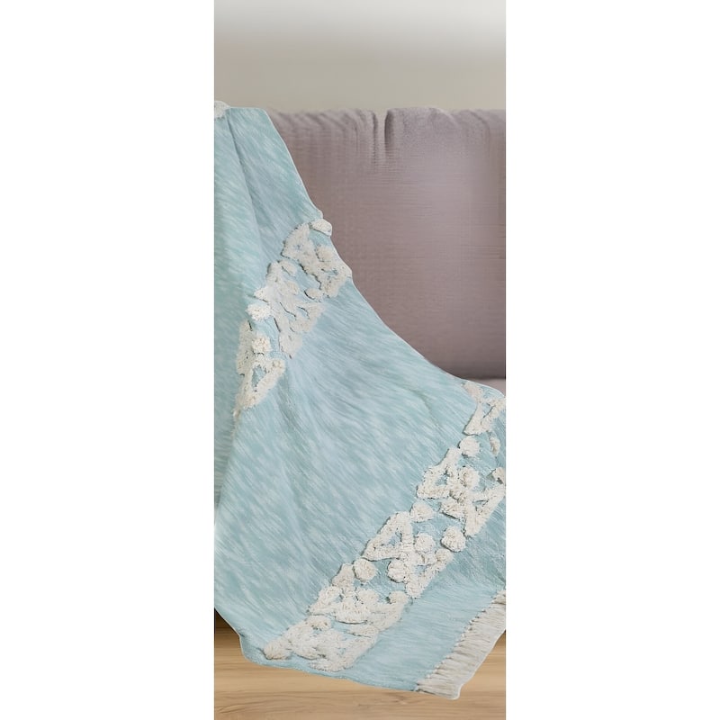 60" X 50" Blue and White Woven Cotton Geometric Throw Blanket with Fringe - Throw