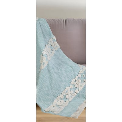 60" X 50" Blue and White Woven Cotton Geometric Throw Blanket with Fringe