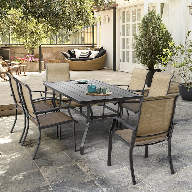 Outdoor 7-Piece Dining Set, Textilene Fabric, Powder-coated Iron Frame - Brown