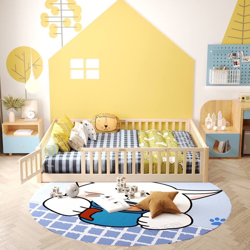 Floor Platform Bed with Fence Guardrails and Door