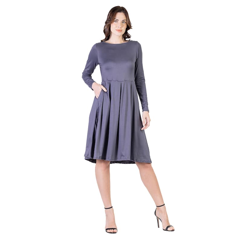 24seven Comfort Apparel Midi Length Fit N Flare Pocket Dress - Grey - M