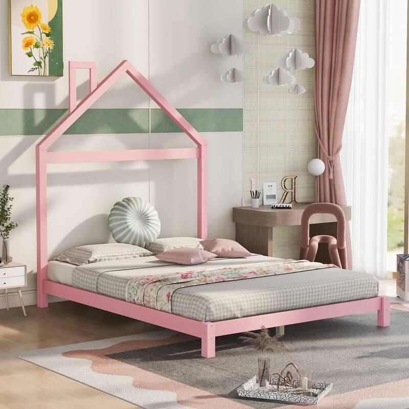 Full Size Wood Platform Bed with House-Shaped Headboard and Sturdy Pine Frame