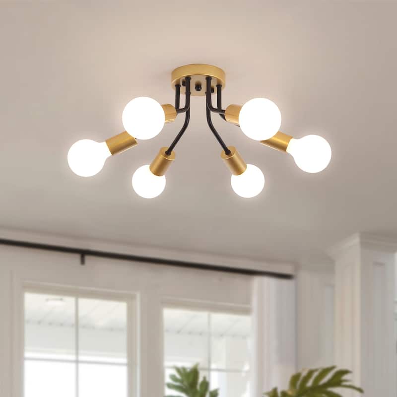 6-Light Semi Flush Mount Light Chandelier for Kitchen Hallway Entryway - Black+Gold