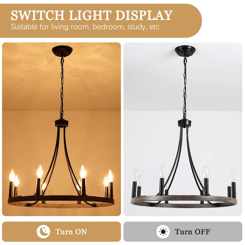 8-light Rustic Farmhouse Wagon Wheel Chandelier Candle Dining Room Lighting Fixtures for Kitchen Island Foyer - N/A