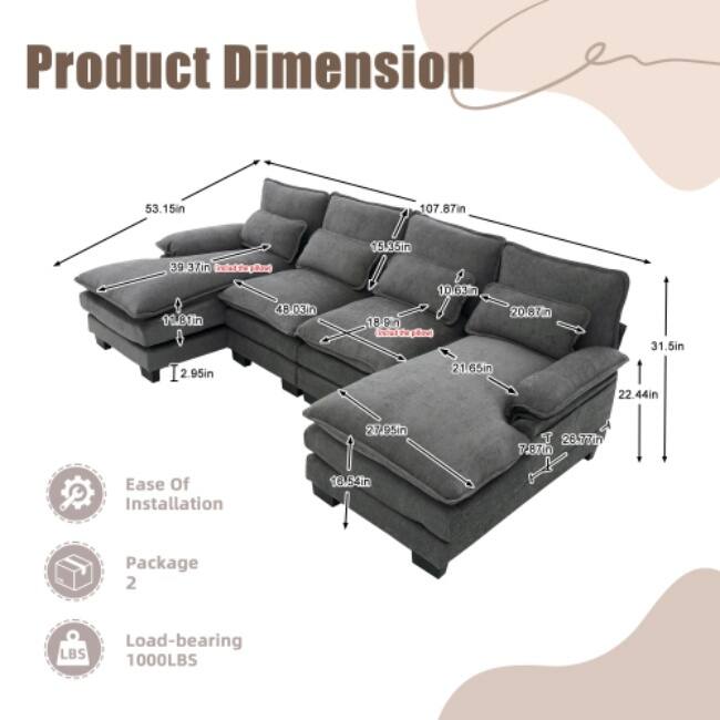 GDFStudio - U Shaped 110" Chenille Modular Cloud Sectional Couches