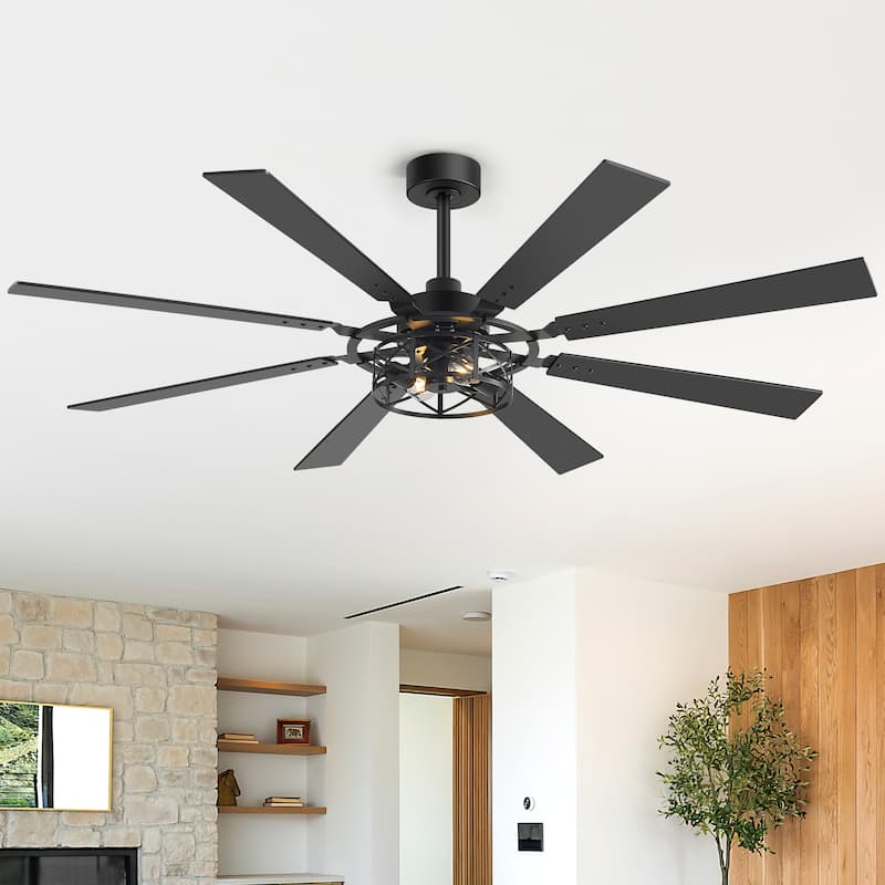 52"/65" Industrial Reversible Wood 5/8-Blade Cage Ceiling Fan with Light Kit and Remote - Matt Black - 65-inch