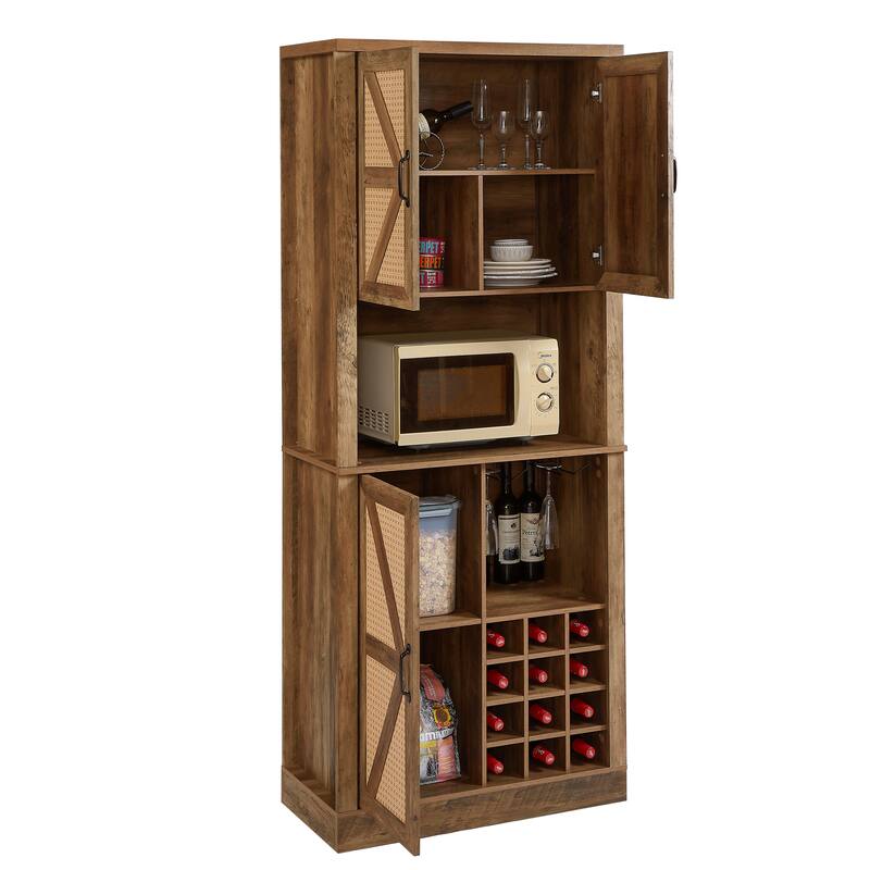 Kitchen Faux Rattan Wine Cabinet, Oak Bar Cabinet with Square Compartments and Shelves, Wooden Storage Cabinet with Barn Doors