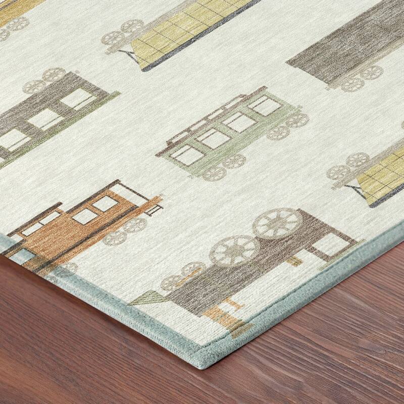 Machine Washable Indoor/ Outdoor Modern Train Chantille Rug