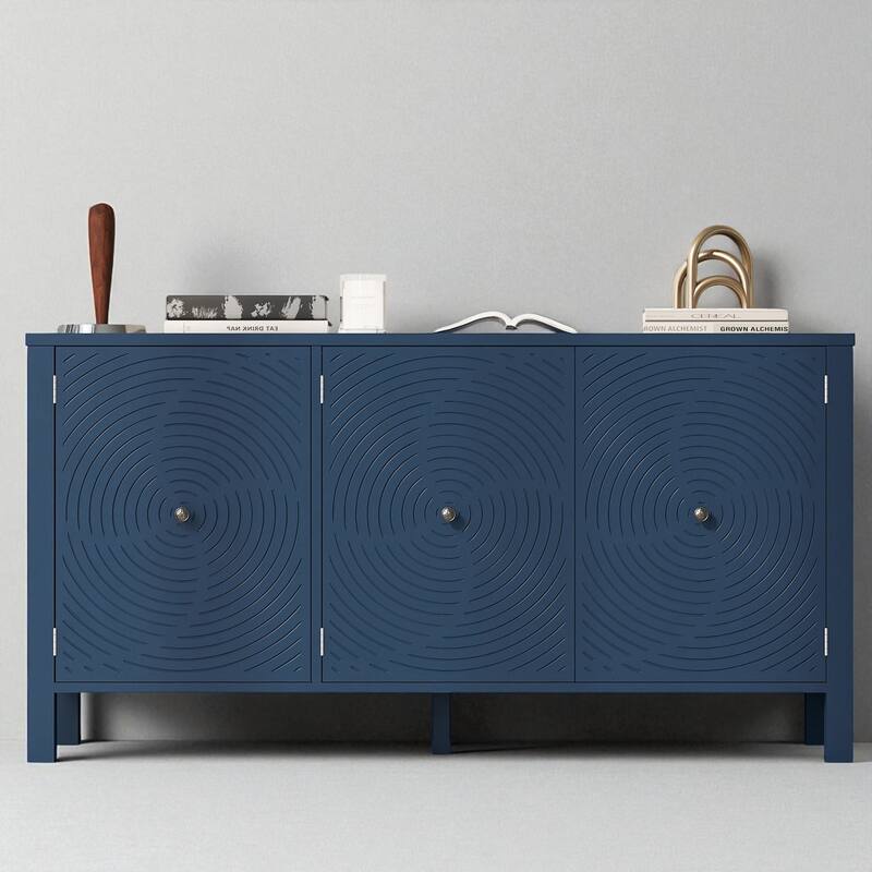 Artistic 3-Door Sideboard with Curved Swirl Patterned Doors, Storage Cabinet with Central Support Leg - 56.10" W - Navy Blue