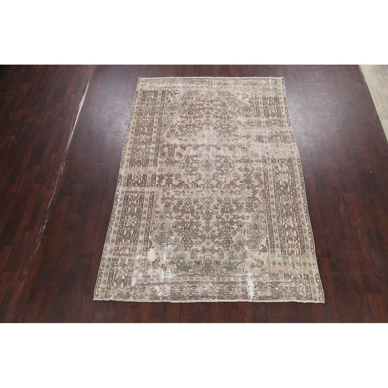 Distressed Geometric Hamedan Persian Area Rug Wool Hand-knotted Carpet - 6'7" x 9'5"