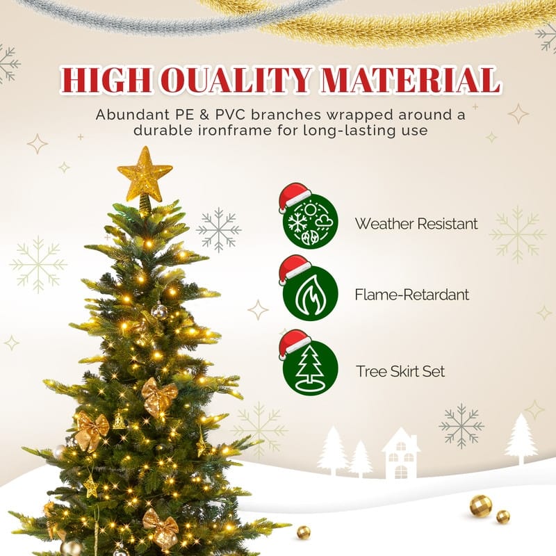 7.5 FT Artificial Christmas Tree with 400 Warm White LED Lights and Gold Ornaments