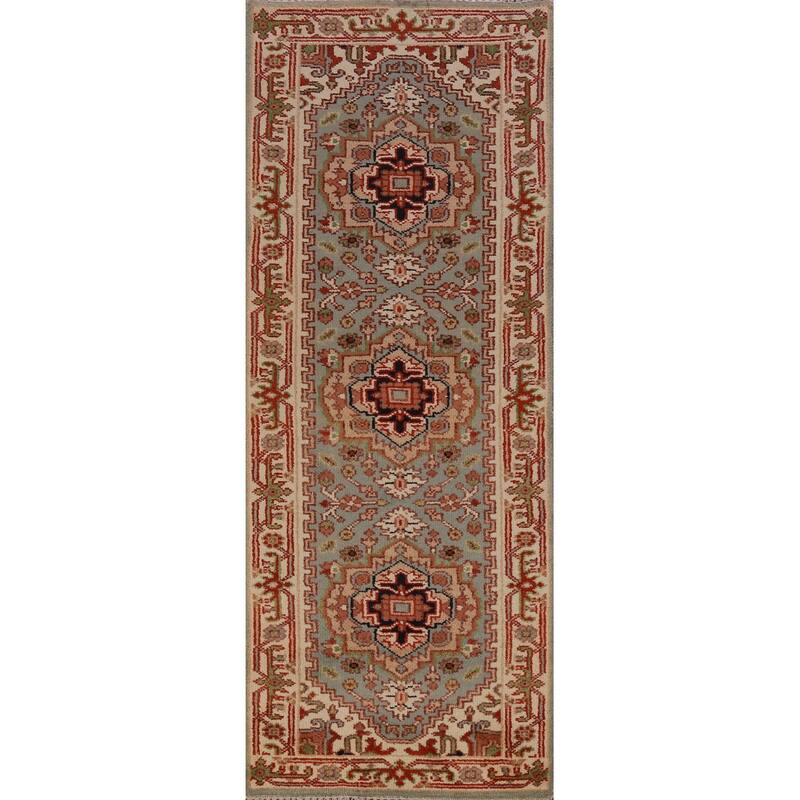 Hand Knotted Oriental 100% Wool Carpet Traditional Geometric Green Heriz (serapi) Runner Rug - 8' 0'' X 2' 6''