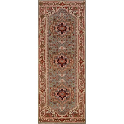 Hand Knotted Oriental 100% Wool Carpet Traditional Geometric Green Heriz (serapi) Runner Rug - 8' 0'' X 2' 6''