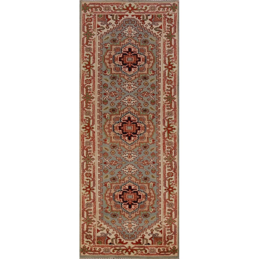 Hand Knotted Oriental 100% Wool Carpet Traditional Geometric Green Heriz (serapi) Runner Rug - 8' 0'' X 2' 6''