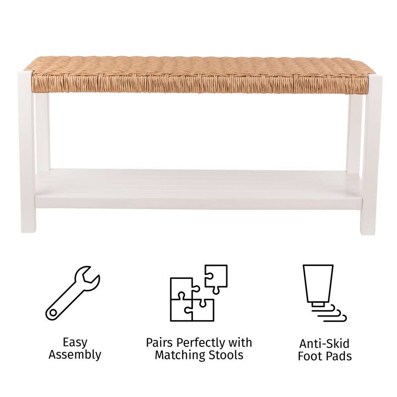 Newport 40" Wood Storage Bench with Handcrafted Woven Rope Seat, White