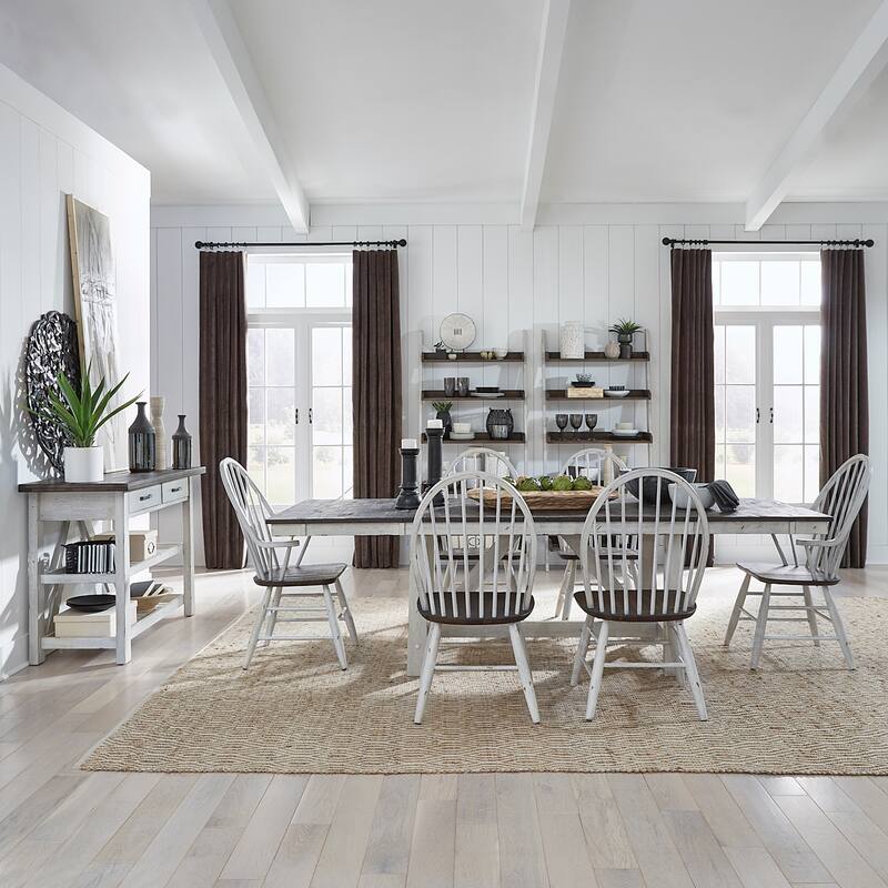 Farmhouse Two Tone White Optional 7 Piece Trestle Table Set - Two Tone White