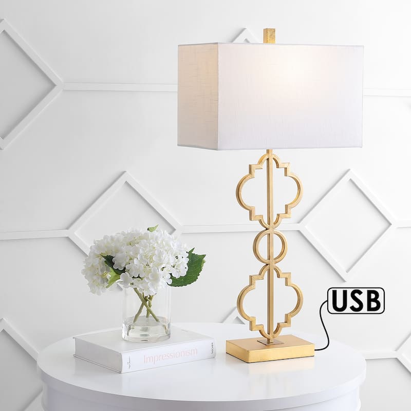 Miami 32" Iron Ogee Trellis Modern LED USB Table Lamp, Gold by JONATHAN Y