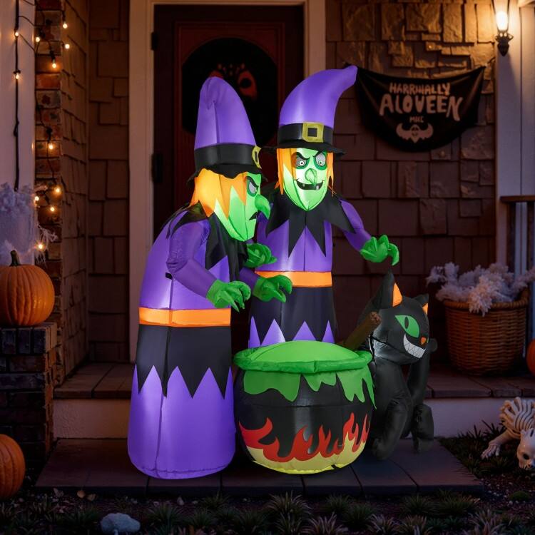 Multi-Color Polyester 6Ft Inflatable Halloween Witches with LED Lights and Black Cat