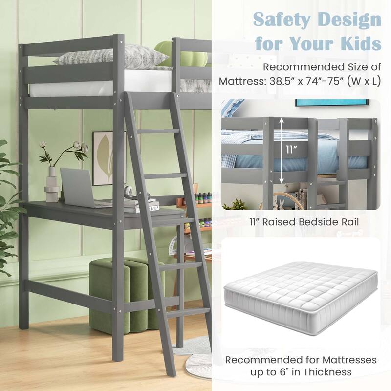 Costway Twin Size Loft Bed w/ Desk & Shelf 2 Ladders & Guard Rail for