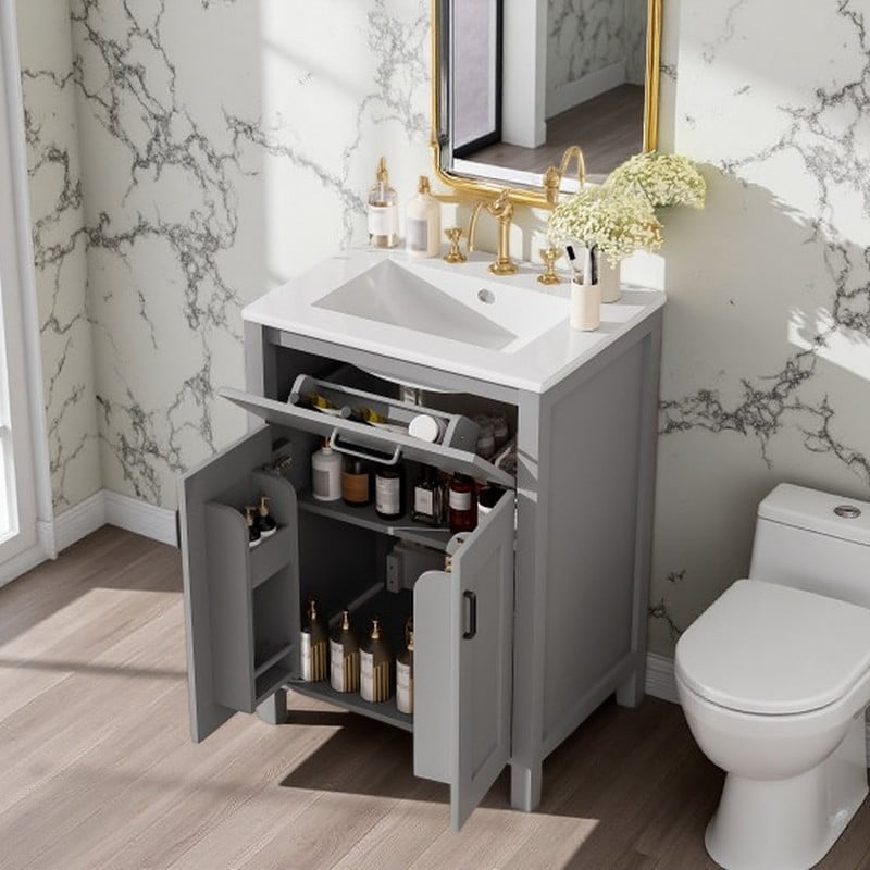 24'' Freestanding Bathroom Vanity with Ceramic Sink, Gray Solid Wood and MDF Cabinet, 2 Soft-Close Doors, Flip-Top Drawer