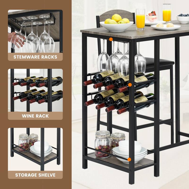 Bar Table Set of 2 with Footrest, Kitchen Dining Table with 2 Upholstered Chairs