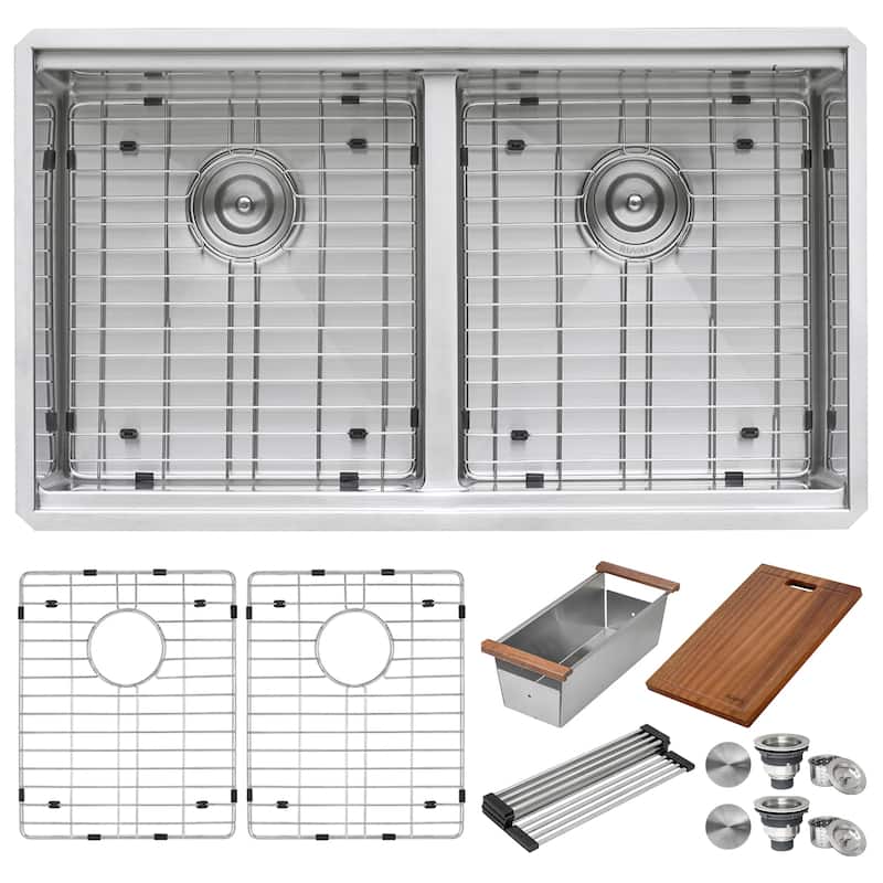 Ruvati 33-inch Workstation Ledge 50/50 Double Bowl Undermount 16 Gauge Stainless Steel Kitchen Sink - RVH8351 - 33" x 19"