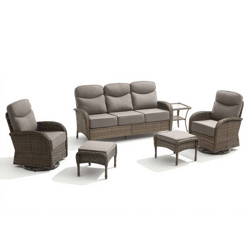 Pocassy Outdoor Wicker Patio Sofa with Swivel Chair and Ottomans
