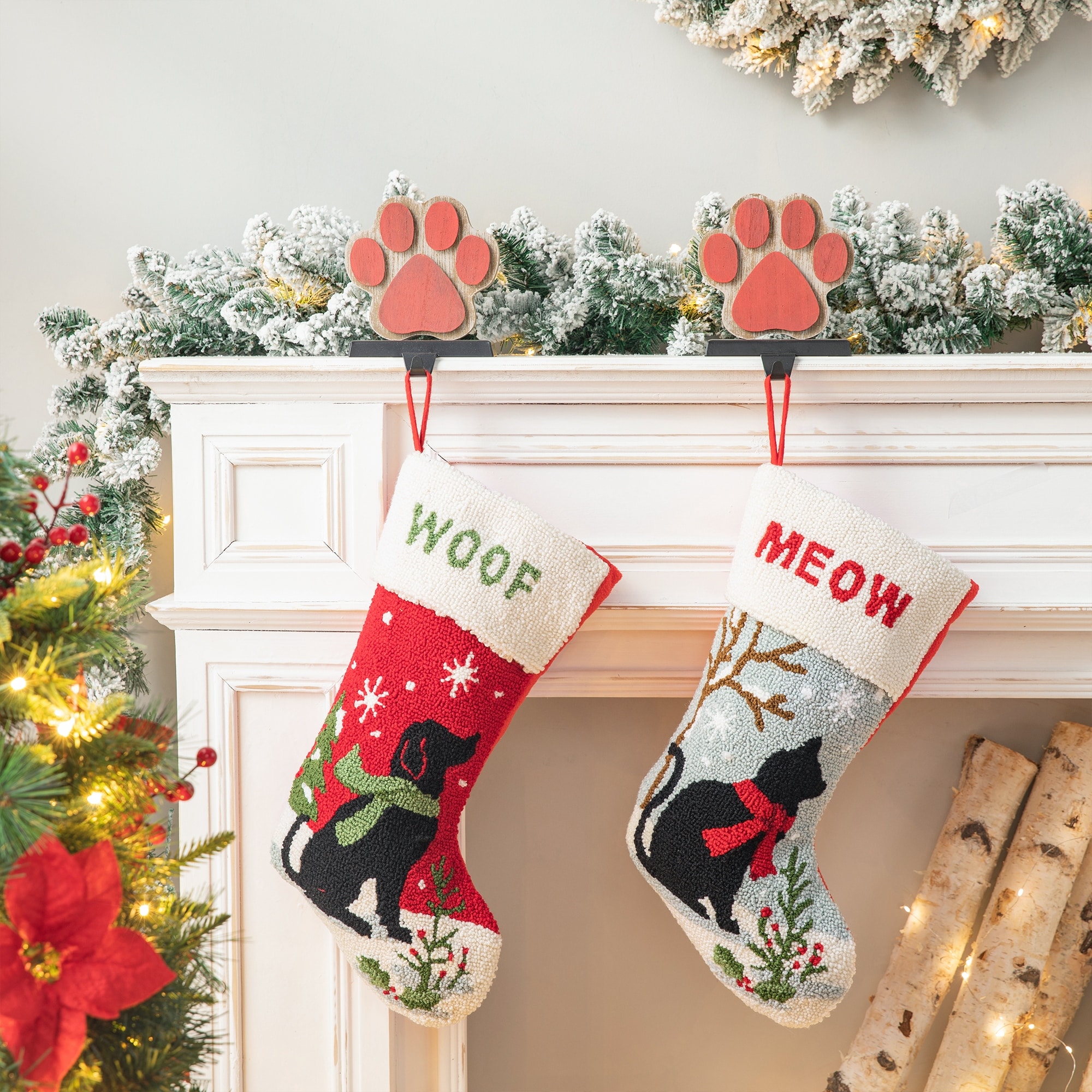 Glitzhome Christmas Wooden/Metal LED Snowman Paw Stocking Holders with Stockings Mantel Ornament