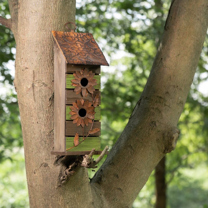 Glitzhome 14.5"H Two-Tiered Distressed Solid Wood Cottage Birdhouse with Flowers - 14.5" - Green